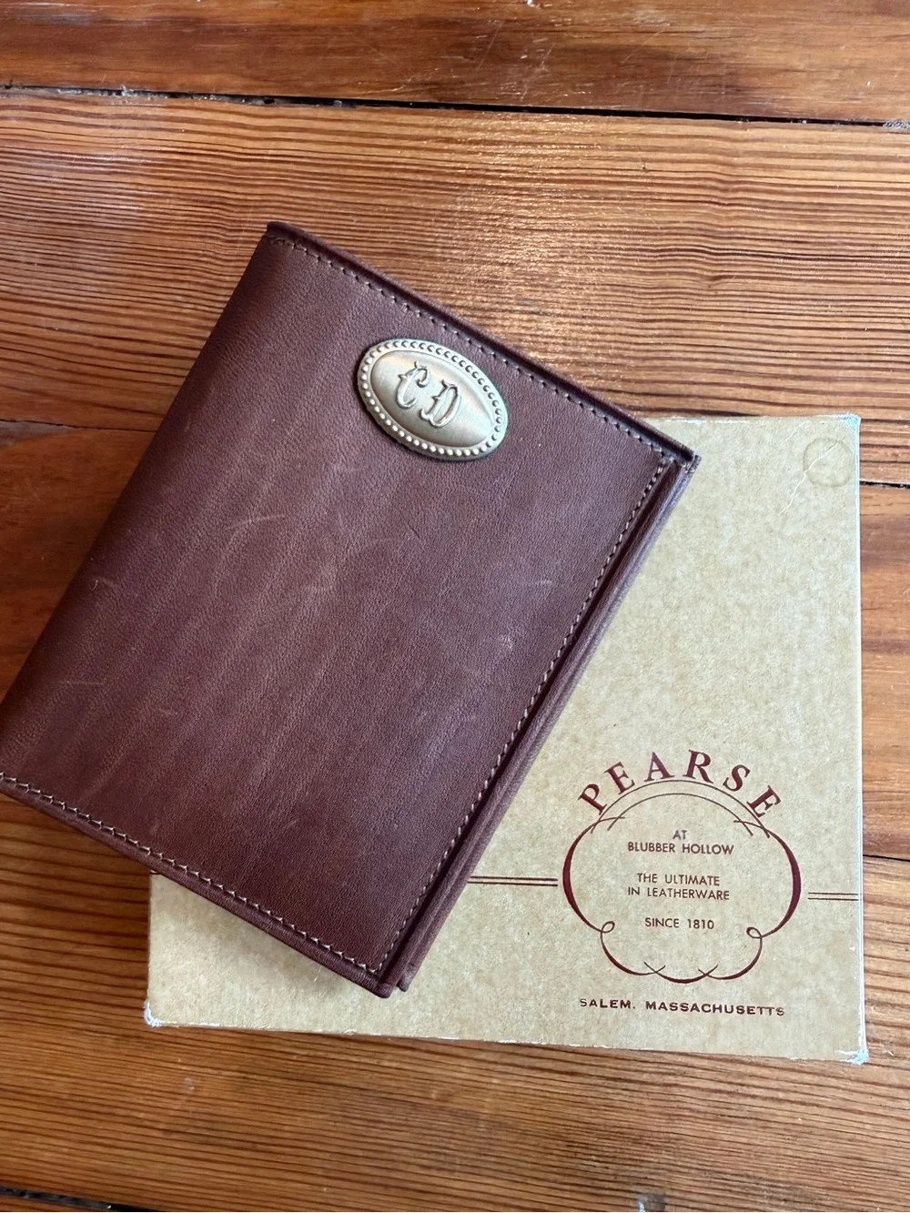 Vintage Brown Leather Wallet with Monogram Plate